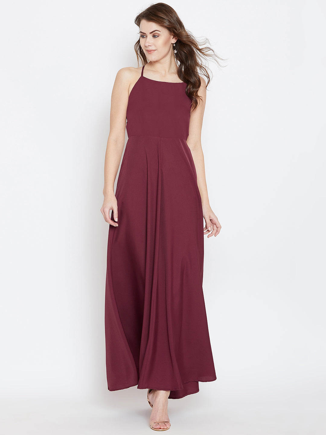 Maroon Solid Maxi Dress - Berrylush