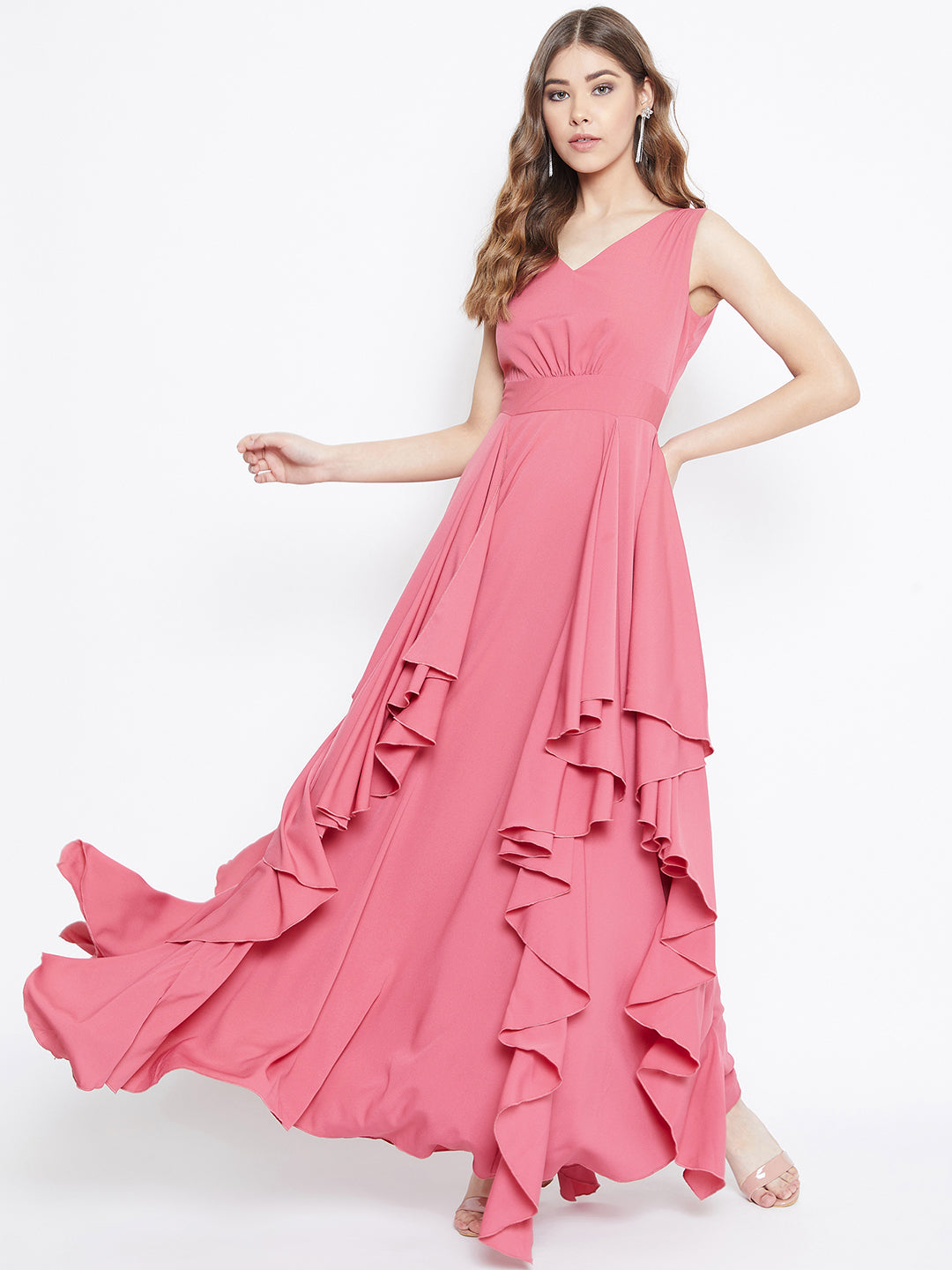 Berrylush Women Solid Pink V-Neck Sleeveless Fit & Flare Maxi Dress