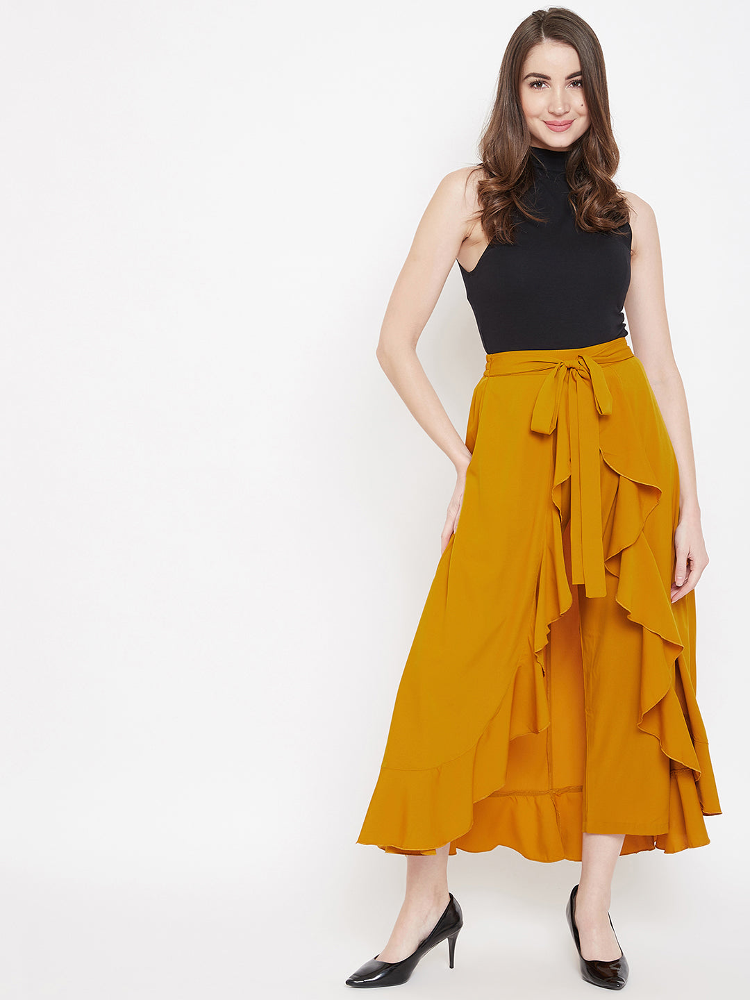 Berrylush Women Solid Mustard Yellow Waist Tie-Up High-Low Flared Maxi Skirt with Attached Trousers