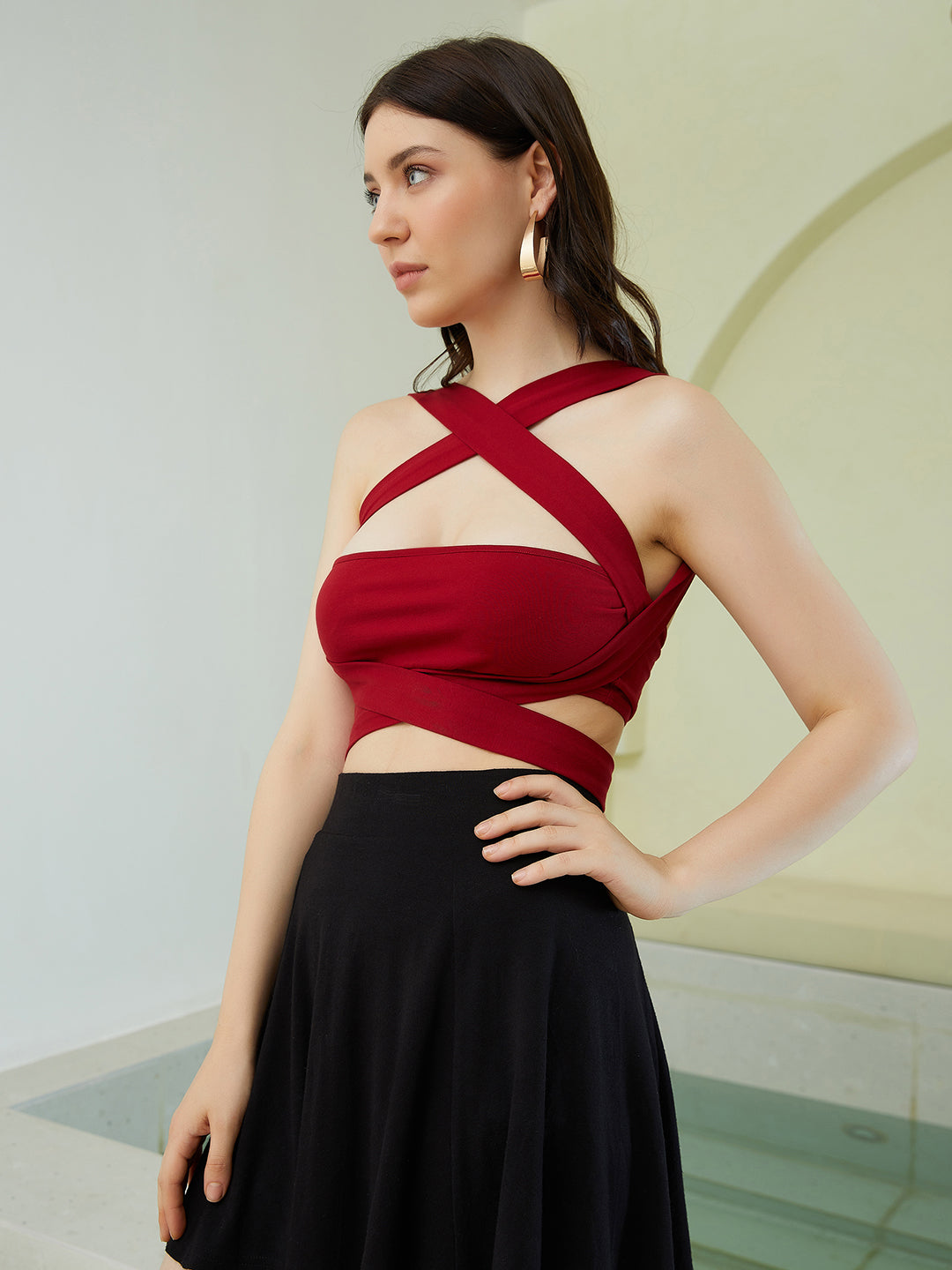 Berrylush Women Solid Maroon Halter Neck Sleeveless Back Tie-Up Cotton Cropped Tube Top