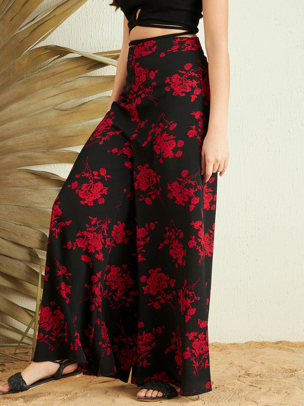 Women Black Red Floral Printed High-Rise Waist Slip-On Wide-Leg