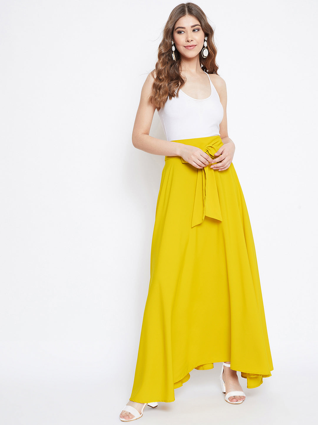 Berrylush Women Solid Yellow Waist Bow Tie-Up Pleated Maxi Skirt