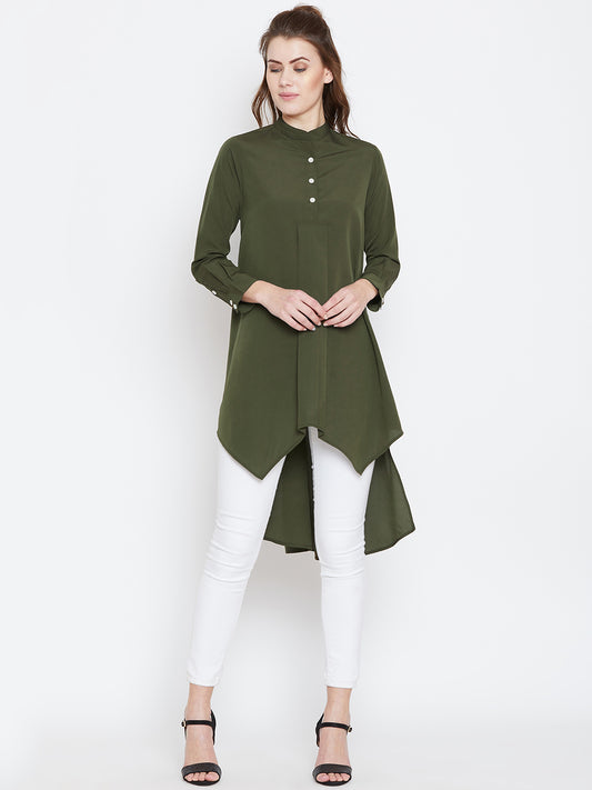Berrylush Women Solid Olive Green Mandarin Collar High-Low Longline Top