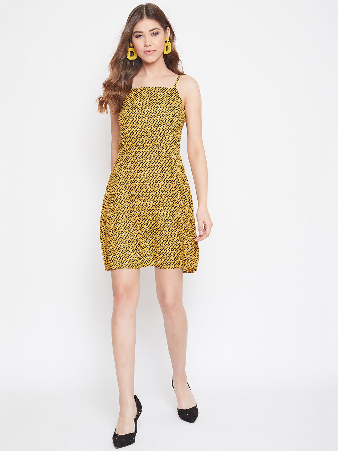 Berrylush Women Yellow & Black Spot Printed Square Neck Fit & Flare Mi Berrylush Women Yellow & Black Spot Printed Square Neck Fit & Flare Mi