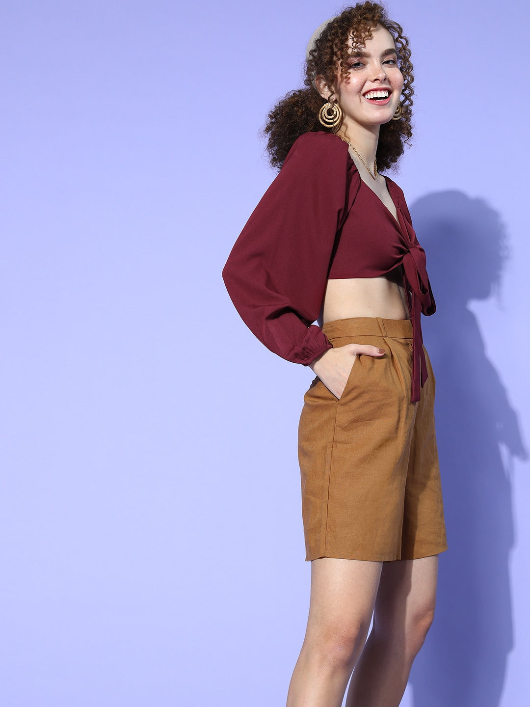 Berrylush Women Solid Maroon Sweetheart Neck Front Tie-Up Crepe Cropped Top