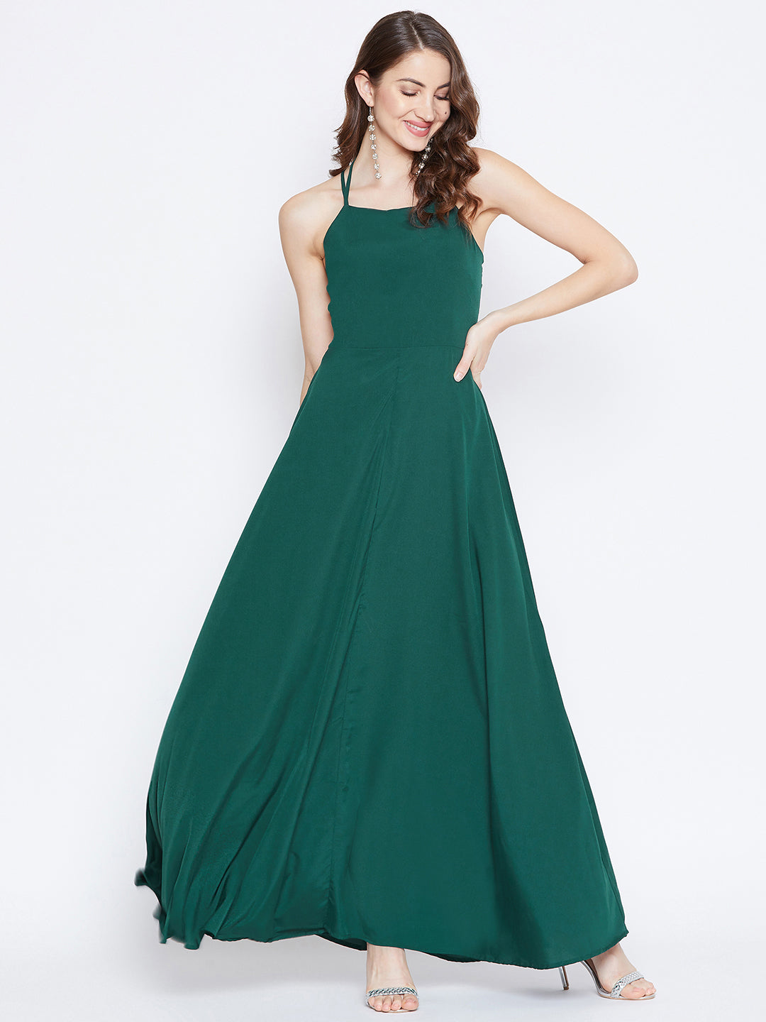 Berrylush Women Solid Green Caged Back Halter Neck Maxi Dress