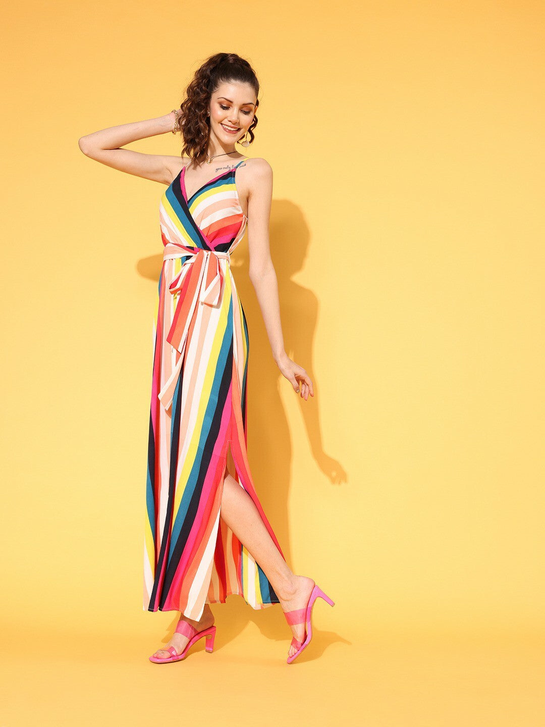 Berrylush Women Multicolour Striped Print V-Neck Waist Tie-Up Thigh-High Slit Straight Hem Wrap Maxi Dress
