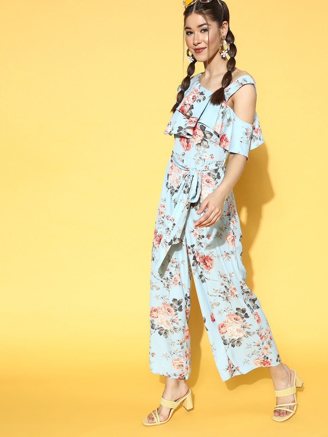 Berrylush Women Blue Floral Printed One-Shoulder Waist Tie-Up Ruffled Jumpsuit