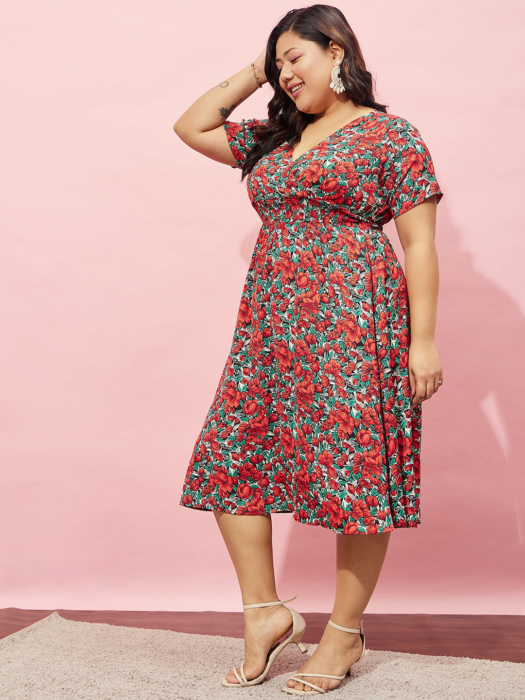 Women Plus Size Red Green Floral Printed V-Neck Crepe Flared