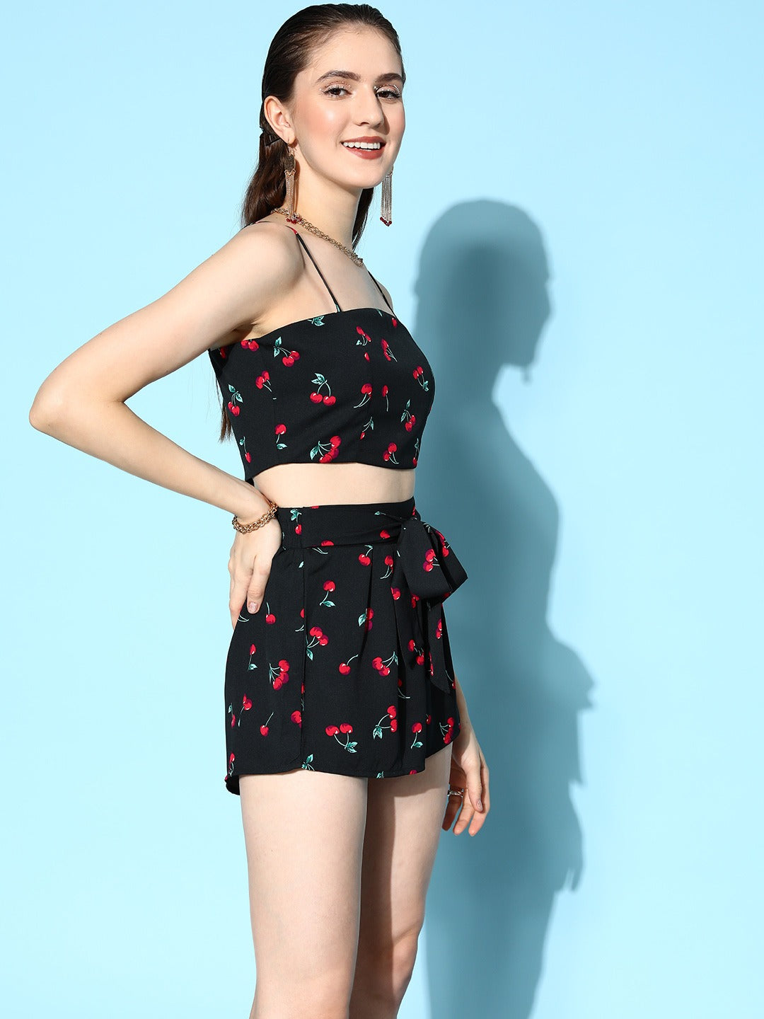 Berrylush Women Black Red Cherry Printed Square Neck Crop Top Tie-Up  Front Shorts With Shrug S