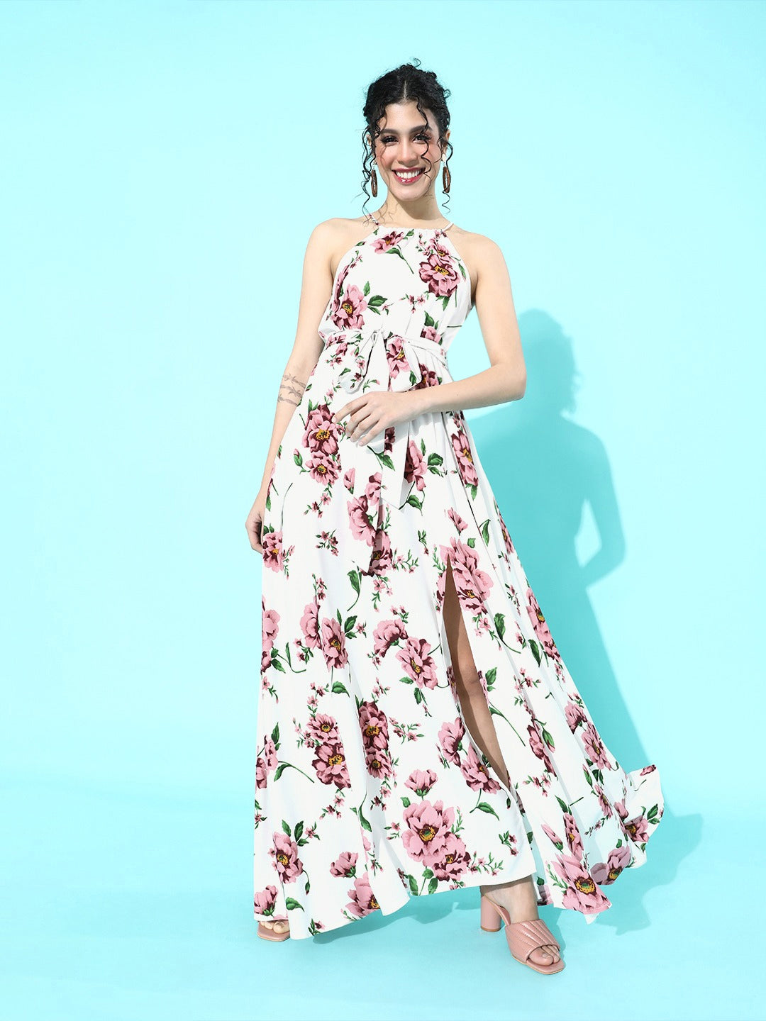 Berrylush Women White Floral Halter Neck Belted Split Thigh Maxi Dress