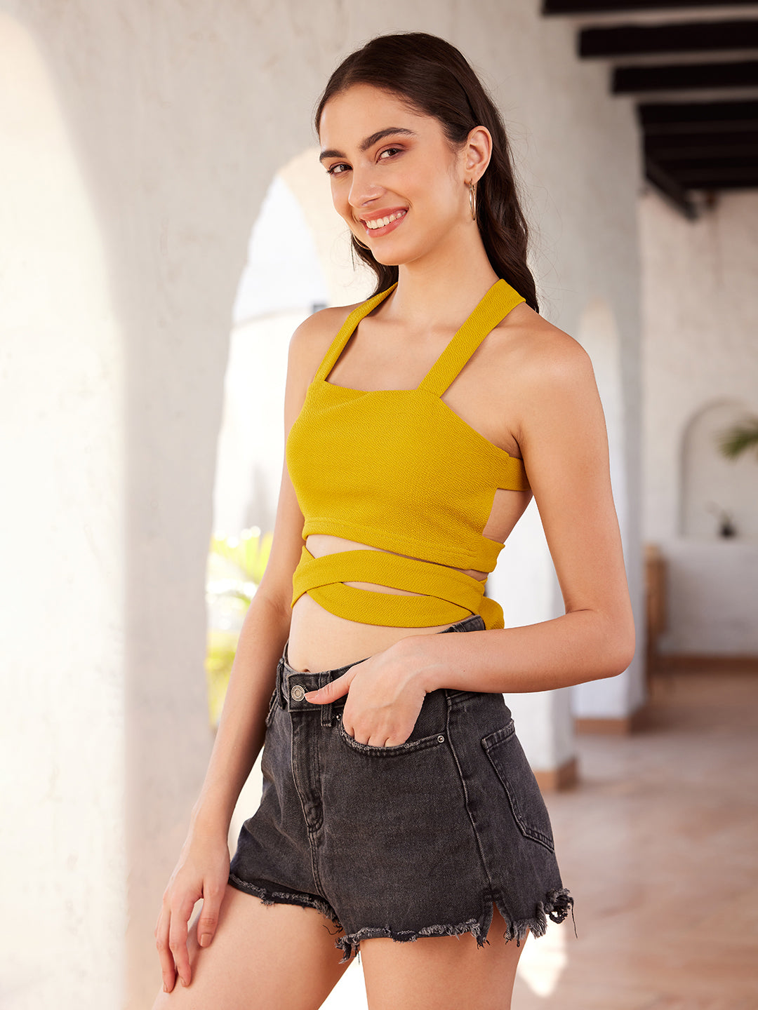 Berrylush Women Solid Yellow Square Neck Sleeveless Tie-Up Styled Back Crepe Crop Top