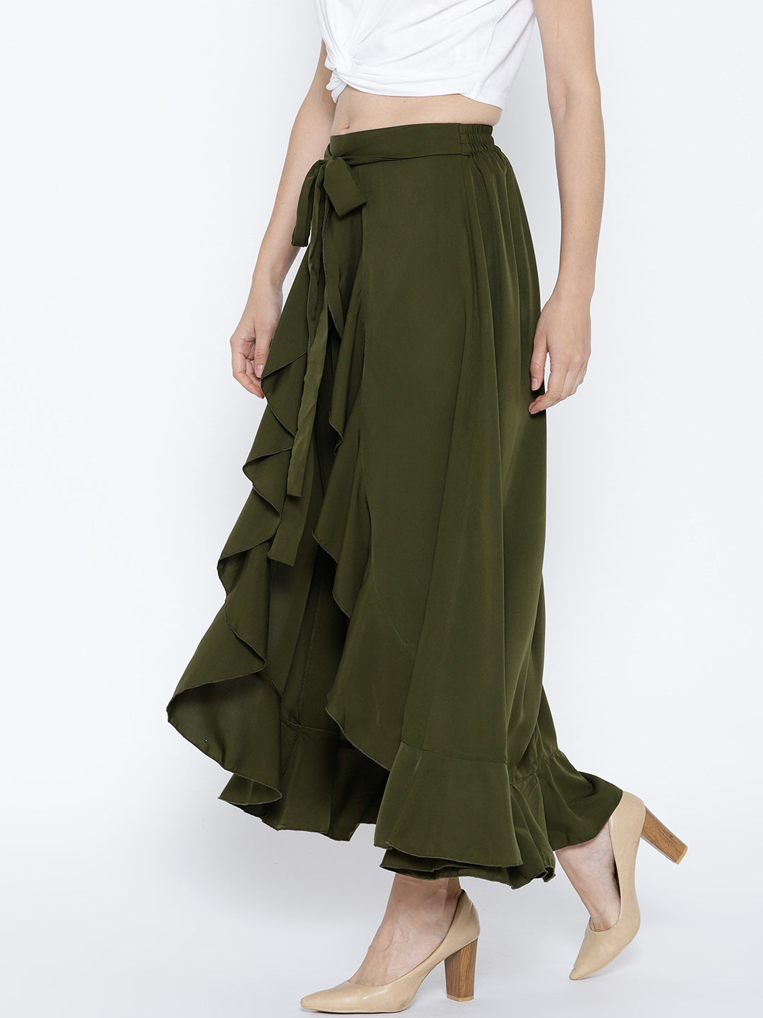 Olive Green Solid Ruffled Flared Maxi Skirt with Attached Trousers - Berrylush