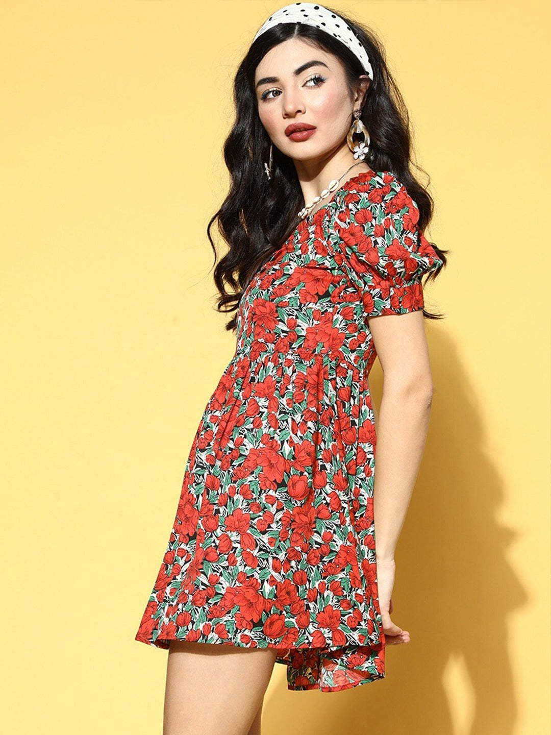 Berrylush Women Red Floral Printed Sweetheart Neck Fit & Flare Mini Dress