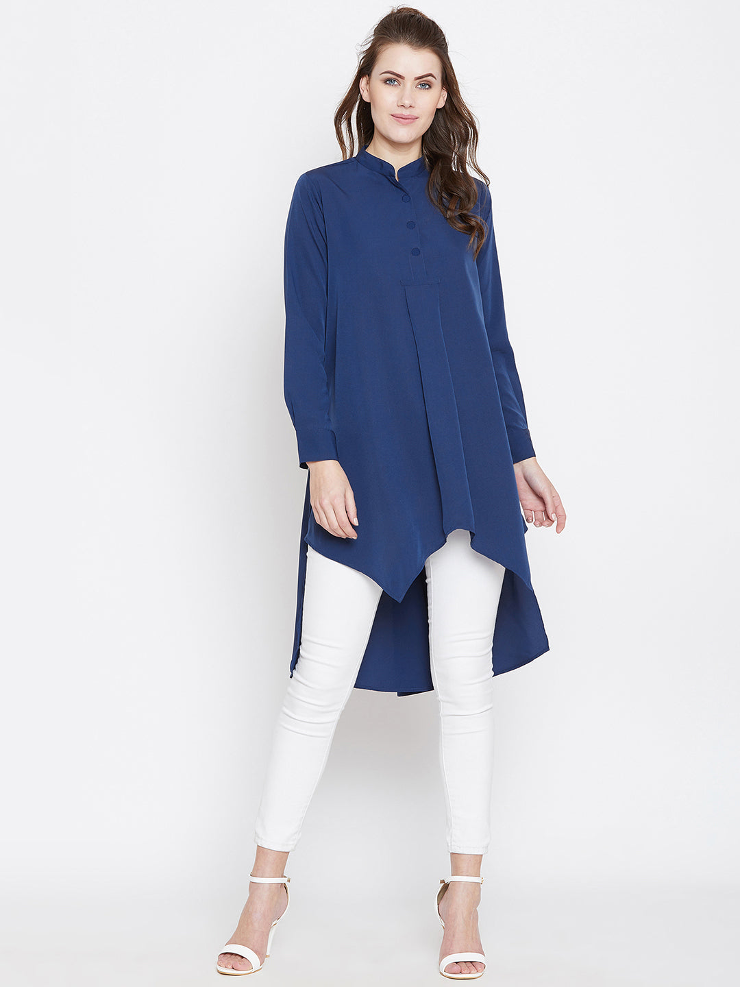 Berrylush Women Solid Blue Mandarin Collar High-Low Longline Top