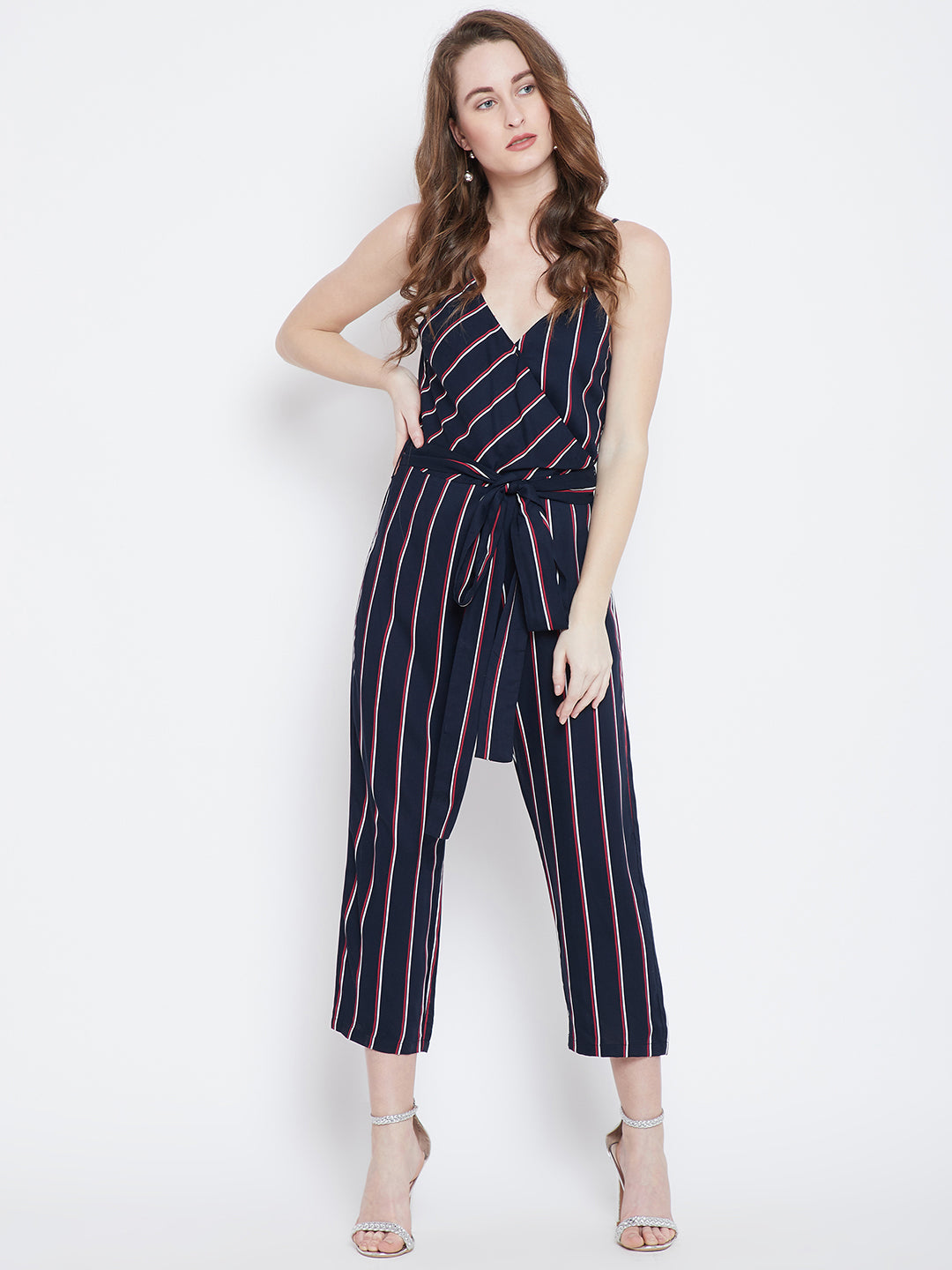 Navy Blue & Red Striped Capri Jumpsuit - Berrylush