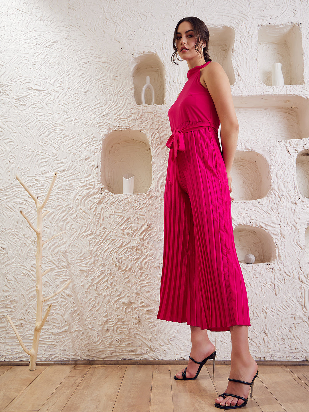 Women Solid Pink Halter Neck Sleeveless Waist Tie-Up Pleated