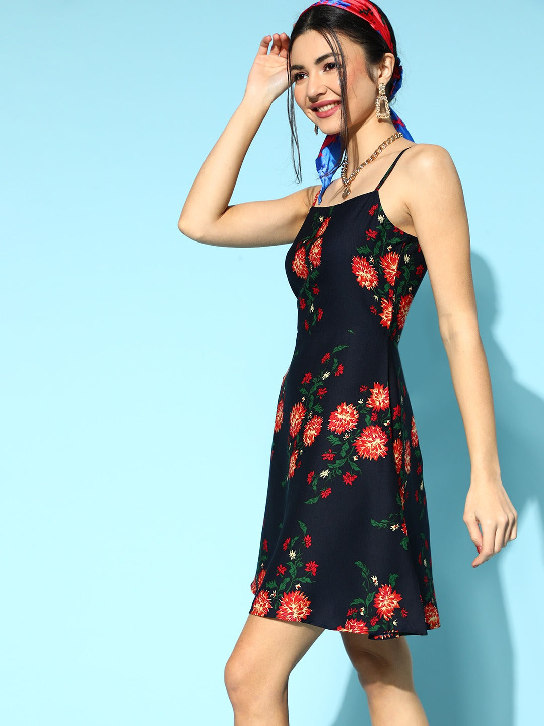 Berrylush Women Navy Blue & Red Floral Printed Square Neck Crepe Flared A-Line Mini Dress