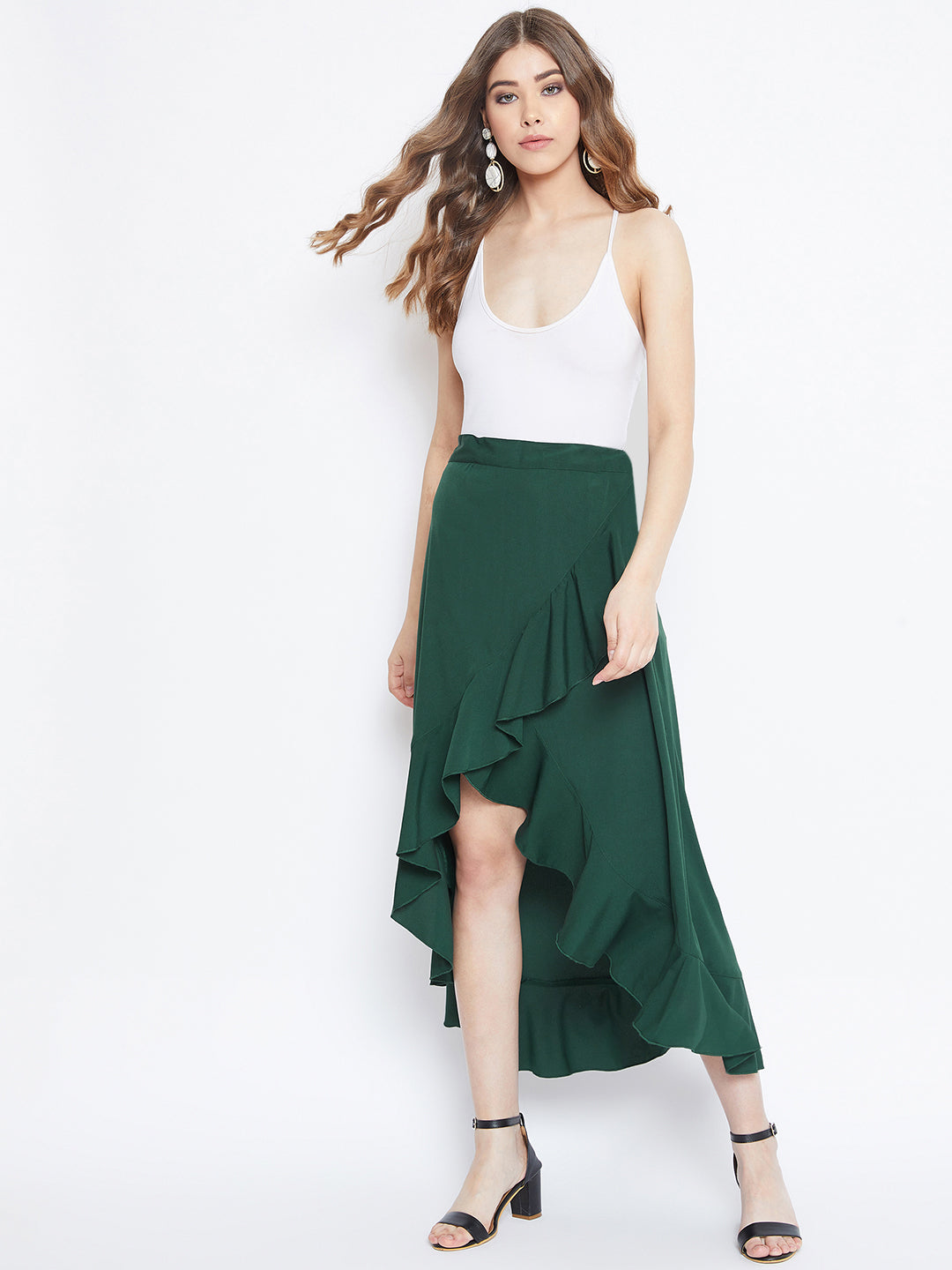 Berrylush Women Solid Green High-Low Ruffled Wrap Midi Skirt