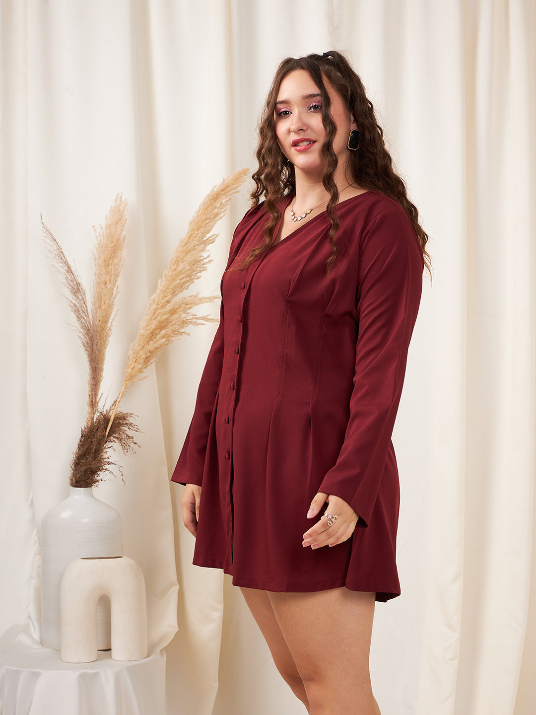 shirt dress women plus size Women Plus Size Solid Maroon V-Neck Front Button-Up Curve Hem Flared Mini Shirt Dress