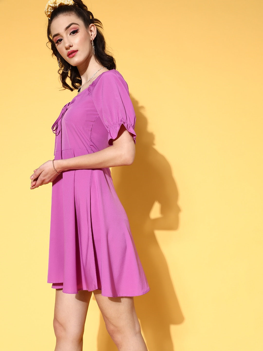 Berrylush Women Solid Purple Puff Sleeve Crepe Fit & Flare Mini Dress