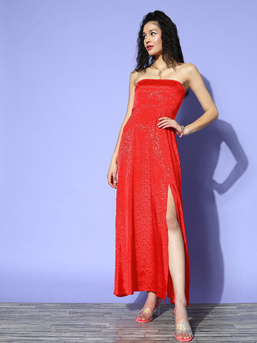 Berrylush Women Red Self Design Strapless Maxi Dress