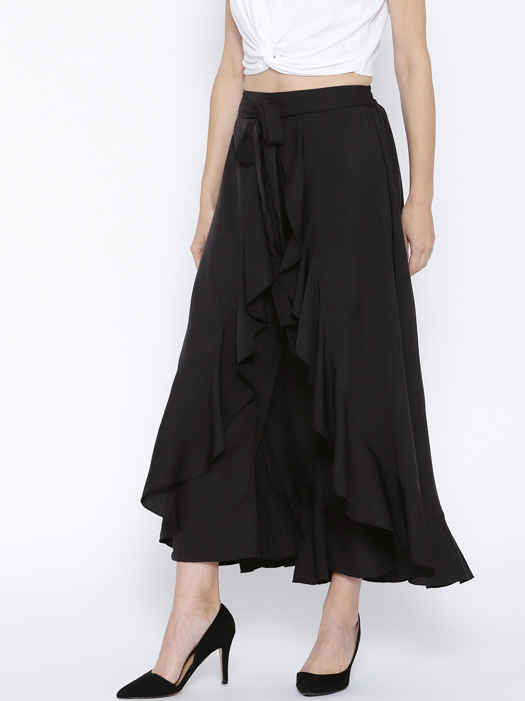 Black Solid Ruffled Flared Maxi Skirt with Attached Trousers - Berrylush