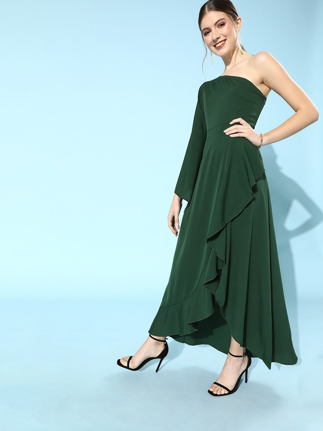 Berrylush Women Solid Green One Shoulder Crepe A-Line Maxi Dress Berrylush Women Solid Green One Shoulder Crepe A-Line Maxi Dress
