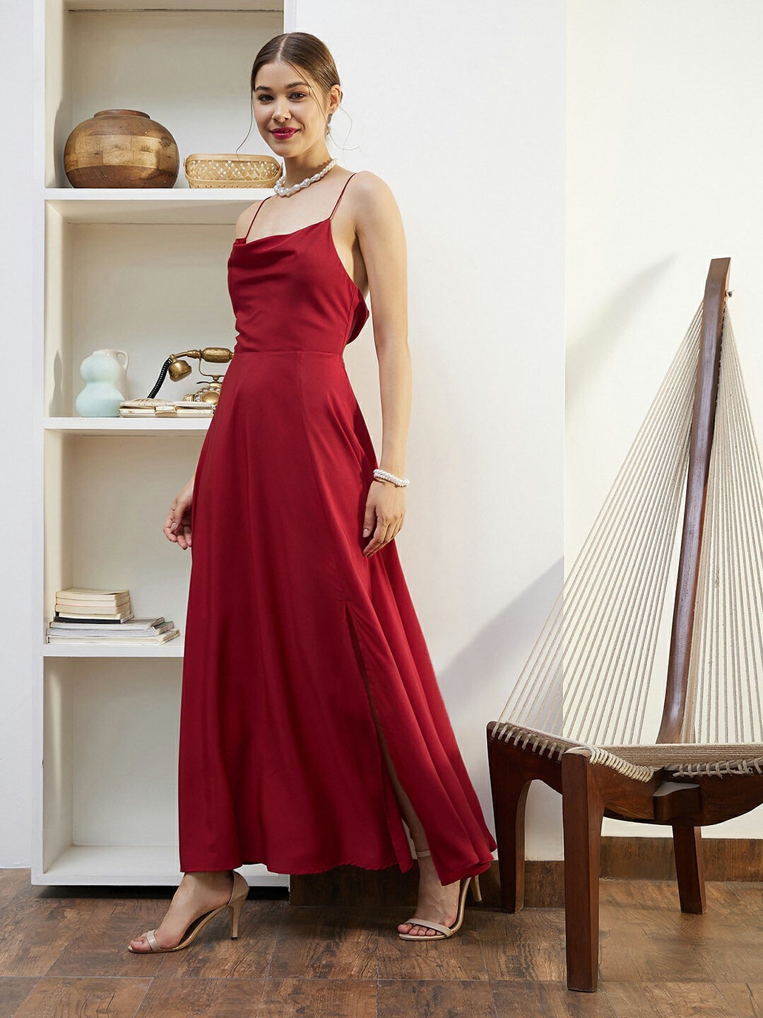 Women Solid Red Cowl Neck Sleeveless Lace-Up Backless Flared Maxi Dress - Berrylush Women Solid Red Cowl Neck Sleeveless Lace-Up Backless Flared Maxi Dress - Berrylush
