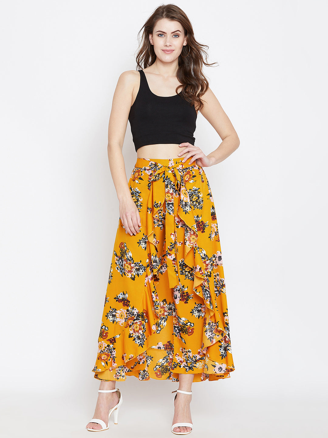 Mustard Yellow Printed Flared Maxi Skirt - Berrylush