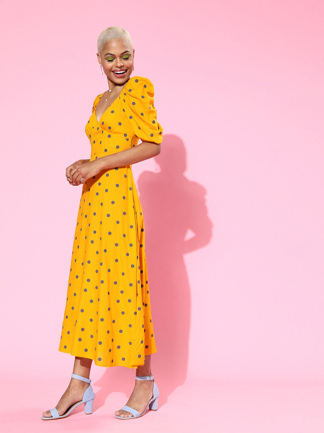 Berrylush Women Yellow & Black Polka Dot Printed Sweetheart Neck Flared A-Line Maxi Dress