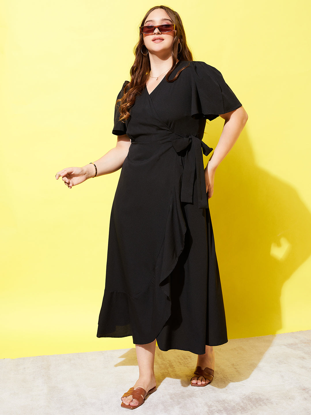 Women Plus Size Solid Black V-Neck Flutter Sleeve Tie-Up Waist Flared A-Line Wrap Mini Dress - Berrylush Women Plus Size Solid Black V-Neck Flutter Sleeve Tie-Up Waist Flared A-Line Wrap Mini Dress - Berrylush