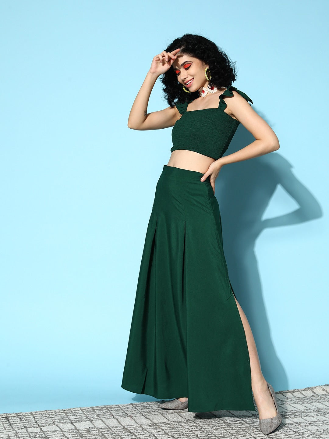 Women Solid Green Square Neck Smocked Crop Top & Thigh-High Slit Maxi Skirt Co-Ord Dress - Berrylush Women Solid Green Square Neck Smocked Crop Top & Thigh-High Slit Maxi Skirt Co-Ord Dress - Berrylush