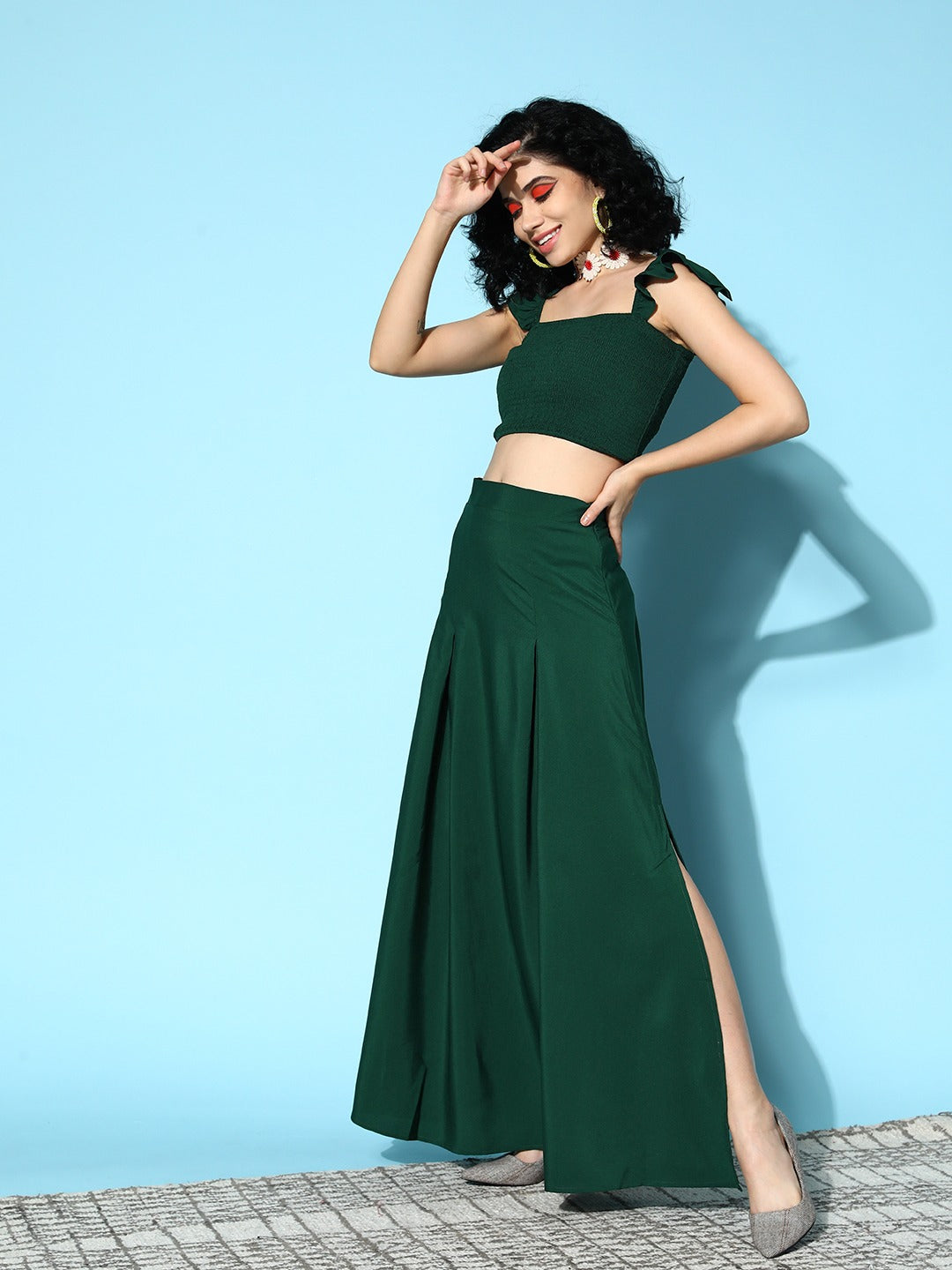 Women Solid Green Square Neck Smocked Crop Top & Thigh-High Slit ...