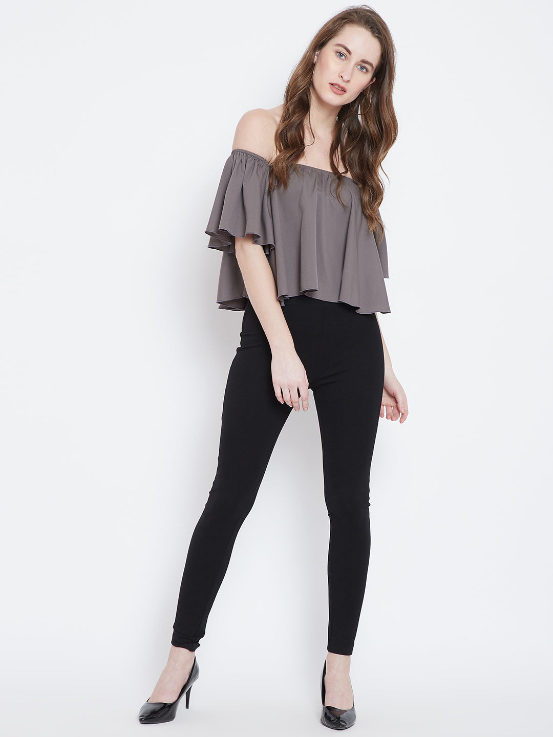 Berrylush Grey Solid Bardot Top - Berrylush
