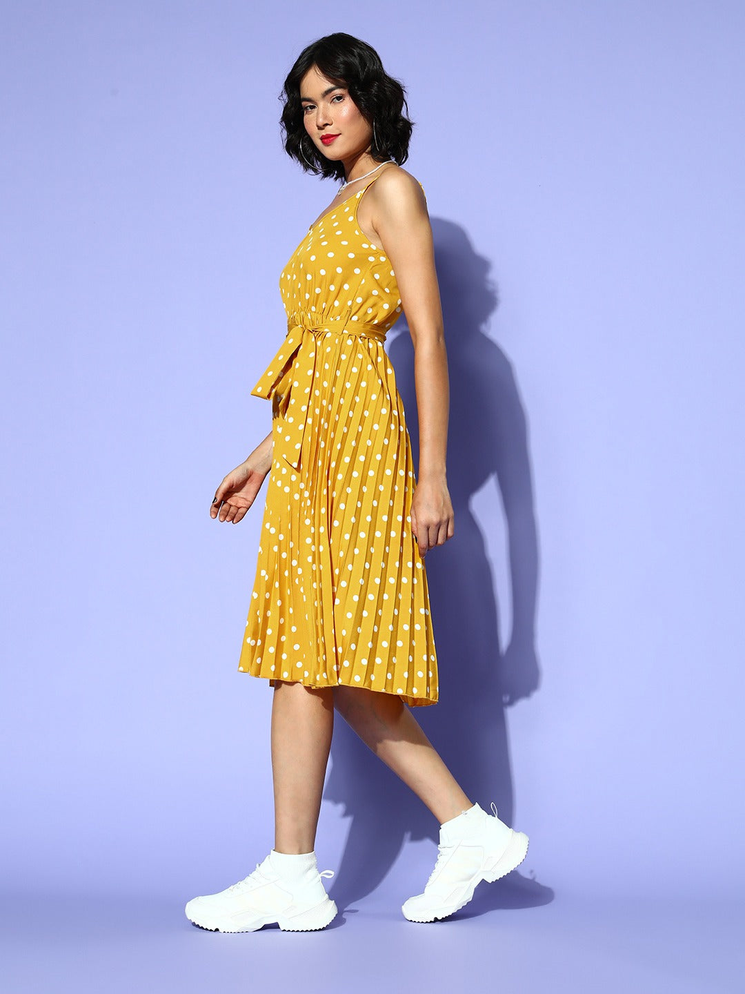 Women Yellow & White Polka Dot Printed V-Neck Tie-Up Waist Crepe Accordion Pleated Fit & Flare Midi Dress - Berrylush Women Yellow & White Polka Dot Printed V-Neck Tie-Up Waist Crepe Accordion Pleated Fit & Flare Midi Dress - Berrylush