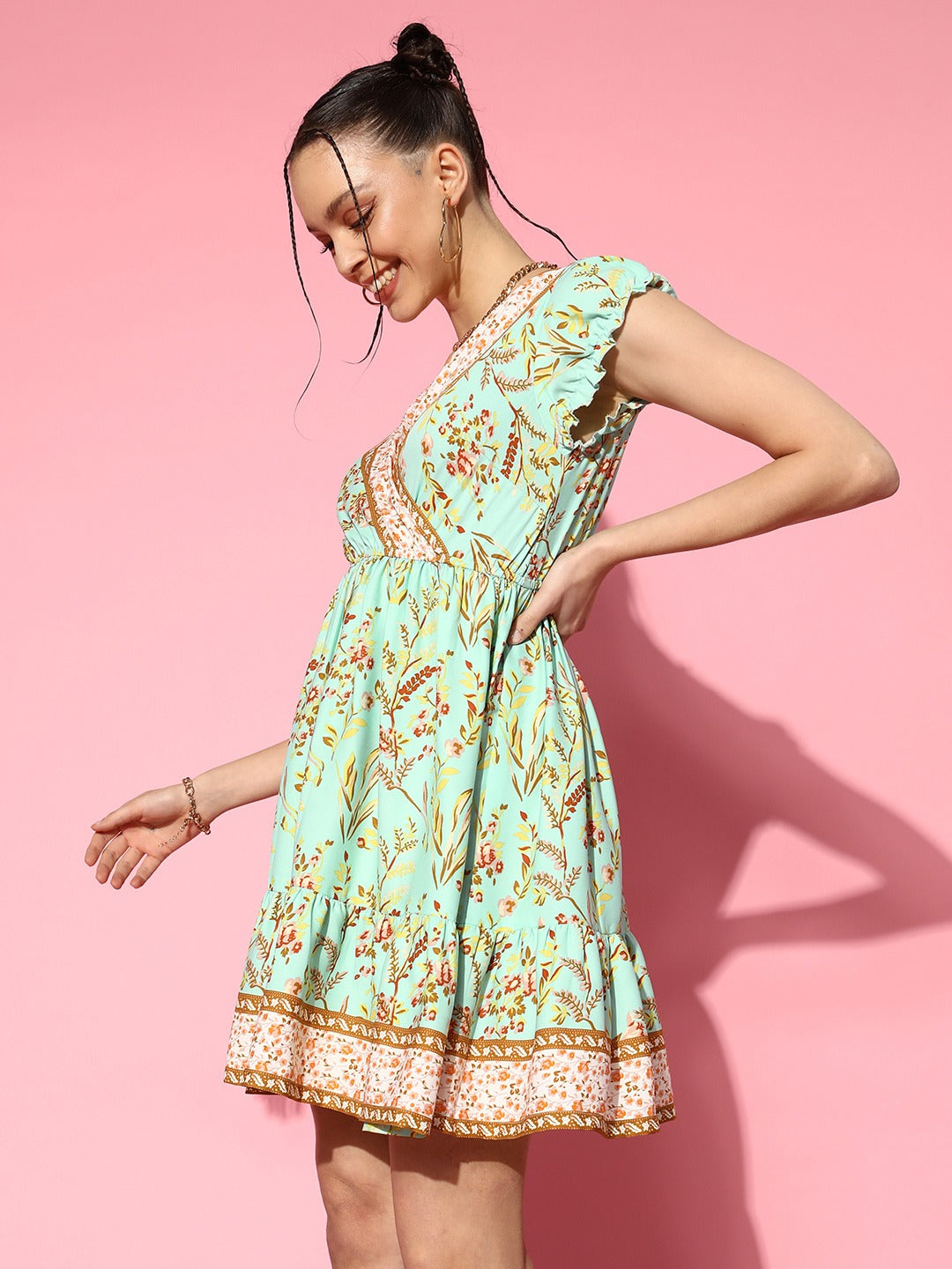 Women Sea Green & Multicolour Floral Printed V-Neck Cap Sleeves Flared A-Line Mini Dress - Berrylush Women Sea Green & Multicolour Floral Printed V-Neck Cap Sleeves Flared A-Line Mini Dress - Berrylush
