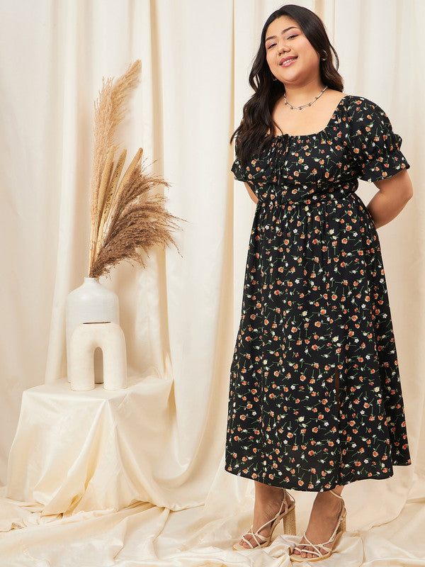 black and orange floral dress Women Black & Orange Floral Printed Square Neck Tie-Up Front Thigh-High Slit Flared A-Line Midi Dress