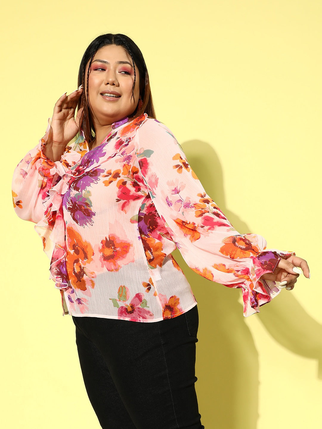 Berrylush Women Plus Size Pink Floral Printed V-Neck Button-Up Chiffon Ruffled Regular Top