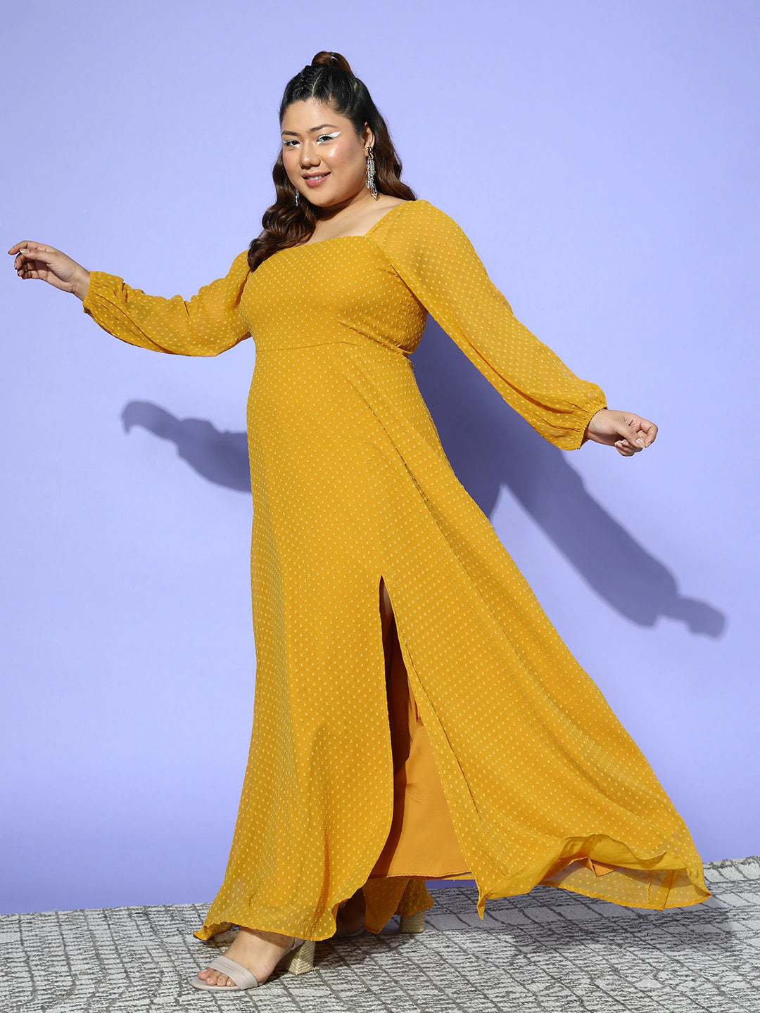 Women Plus Size Solid Mustard Yellow Dobby Weave Square Neck Thigh-High ...