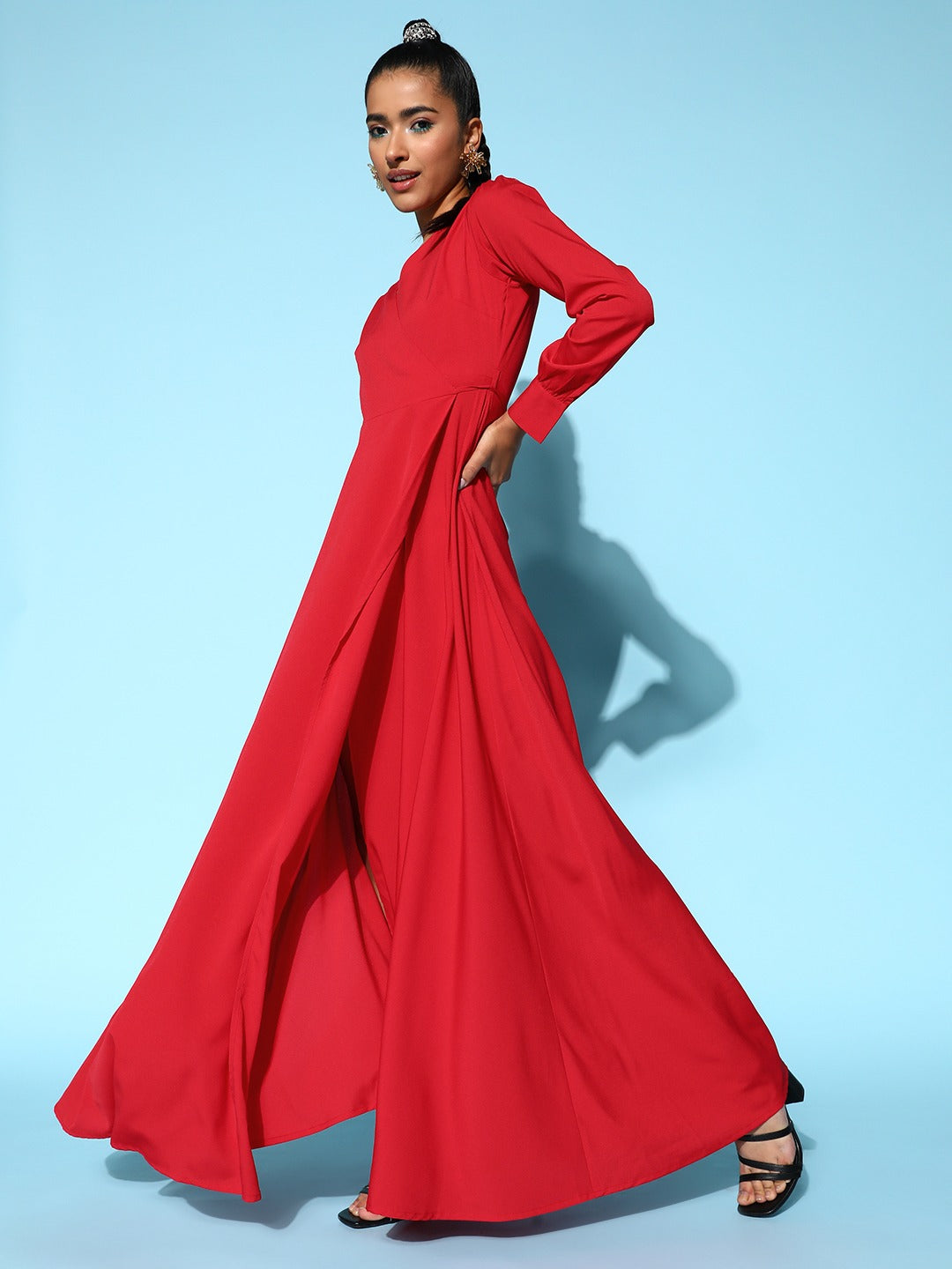 Berrylush Women Solid Red V-Neck Waist Tie-Up Thigh-High Slit Flared Maxi Dress