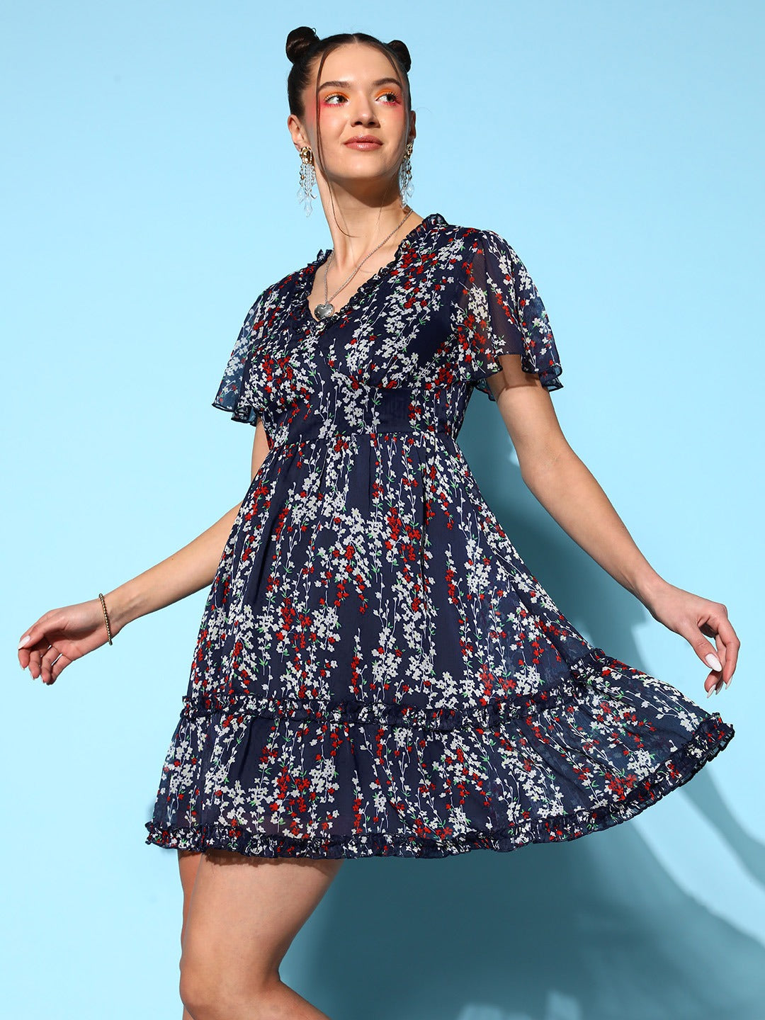 Women Navy Blue & White Floral Printed V-Neck Crepe Woven Flared A-Line Mini Dress - Berrylush Women Navy Blue & White Floral Printed V-Neck Crepe Woven Flared A-Line Mini Dress - Berrylush