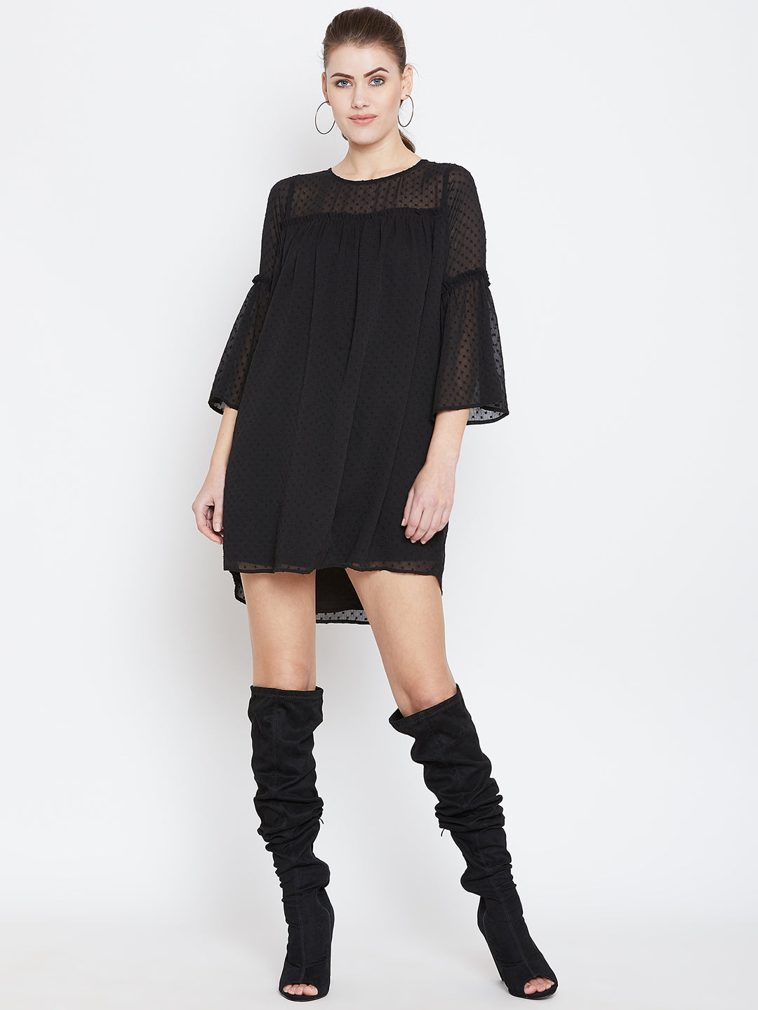 Berrylush Women Black Self-Design Round-Neck High-Low Hem A-Line Mini Dress
