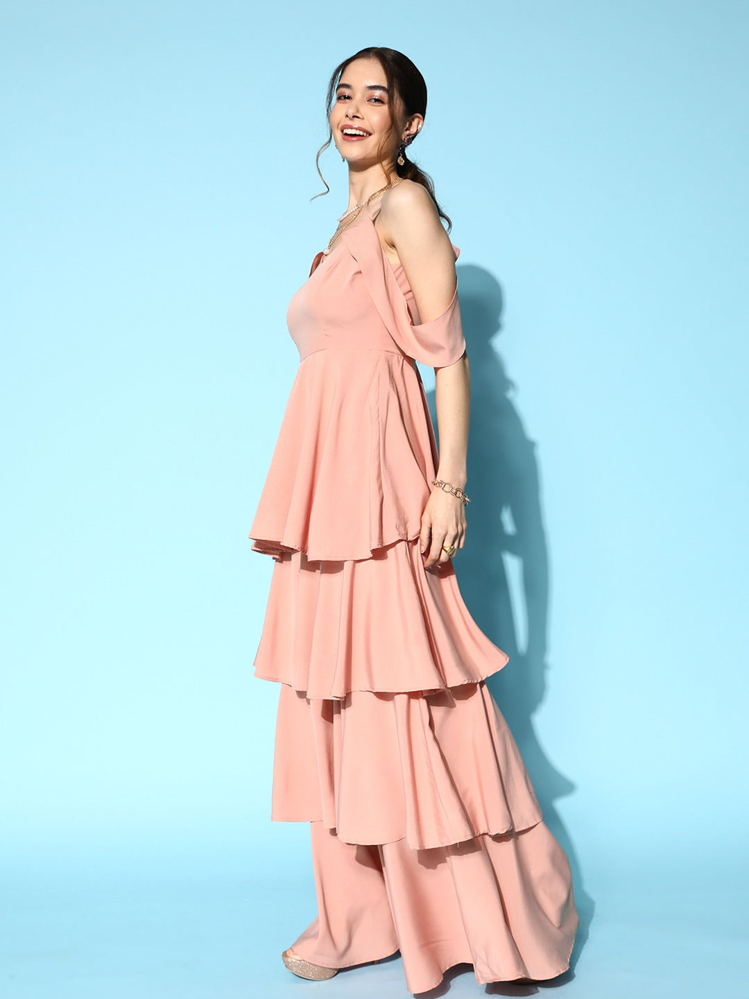 Berrylush Women Solid Light Pink V-Neck Cold-Shoulder Flounce Hem Layered A-Line Maxi Dress