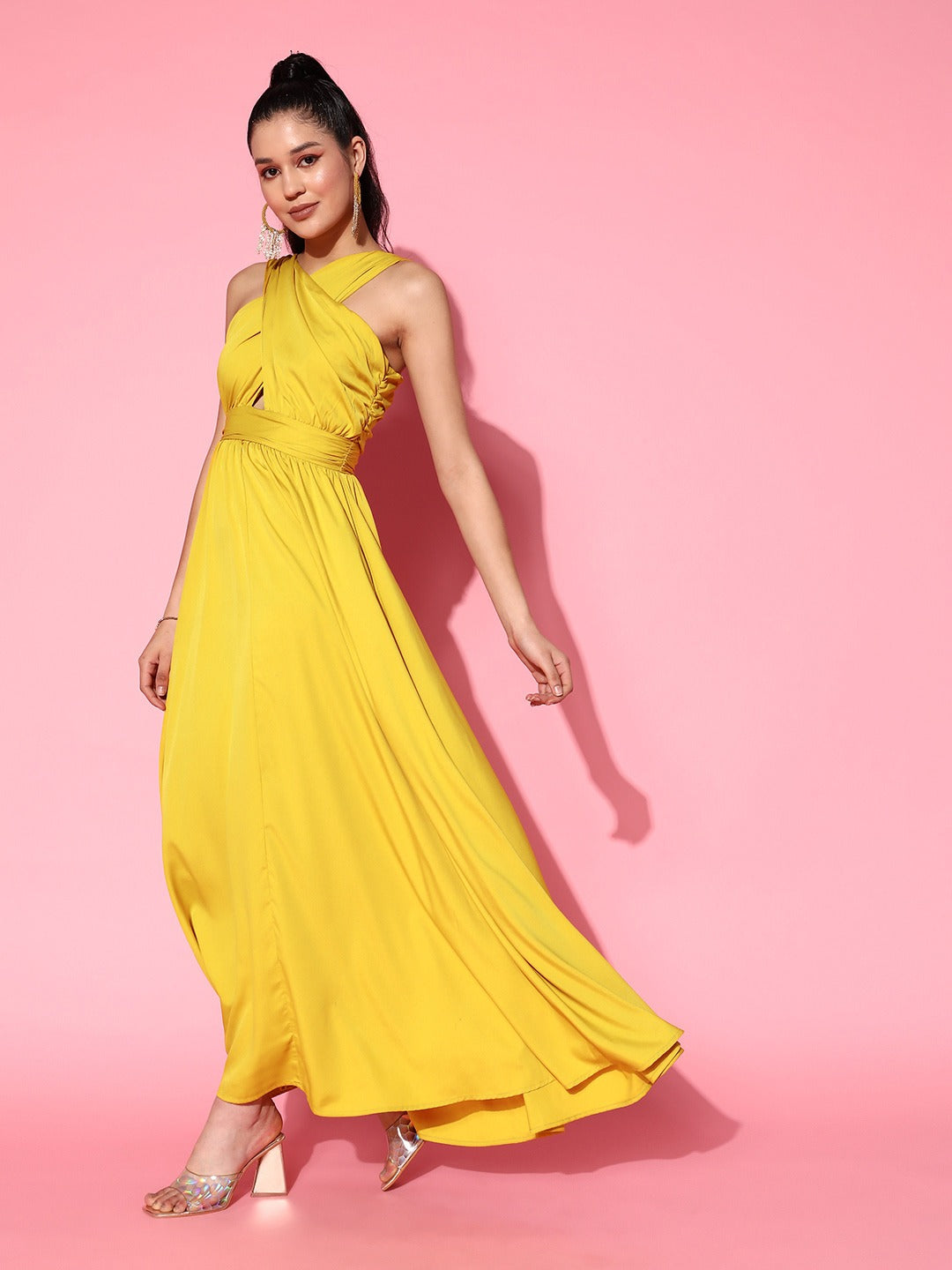 Berrylush Women Solid Yellow V-Neck Criss-Cross Back Crepe Flared A-Line Maxi Dress