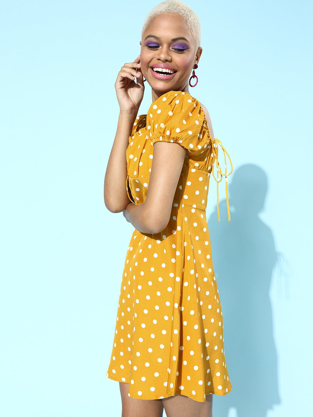 Berrylush Women Yellow & White Polka Dot Printed Sweetheart Neck Ruched A-Line Mini Dress