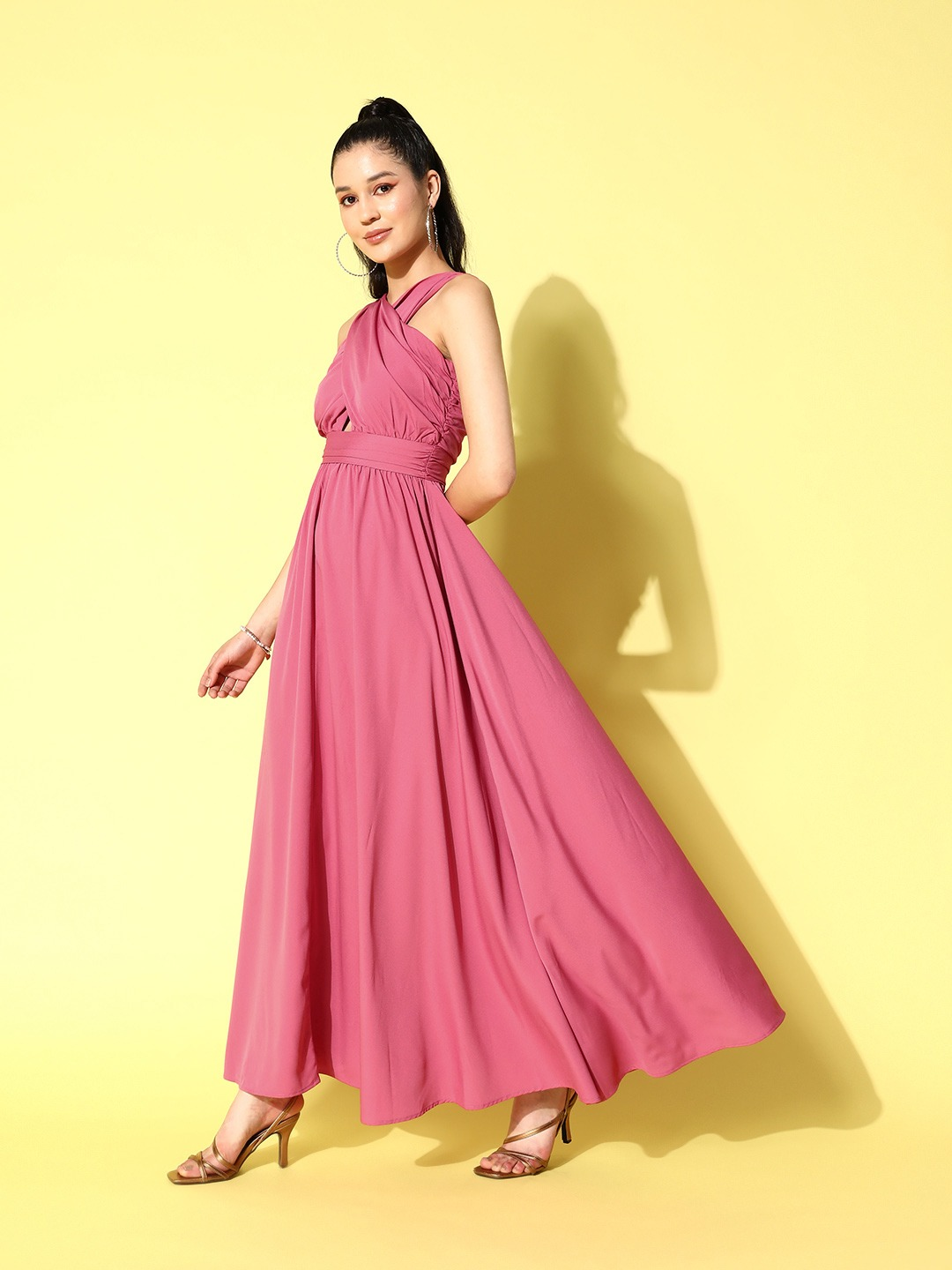 Berrylush Women Solid Pink V-Neck Criss-Cross Back Crepe Flared A-Line Maxi Dress