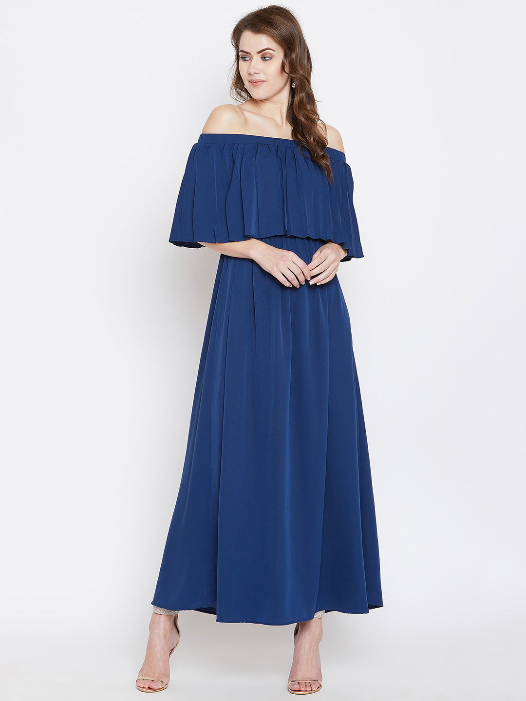 Berrylush Women Solid Blue Off-Shoulder Neck Three-Quarter Sleeve Crepe Flared Maxi Dress