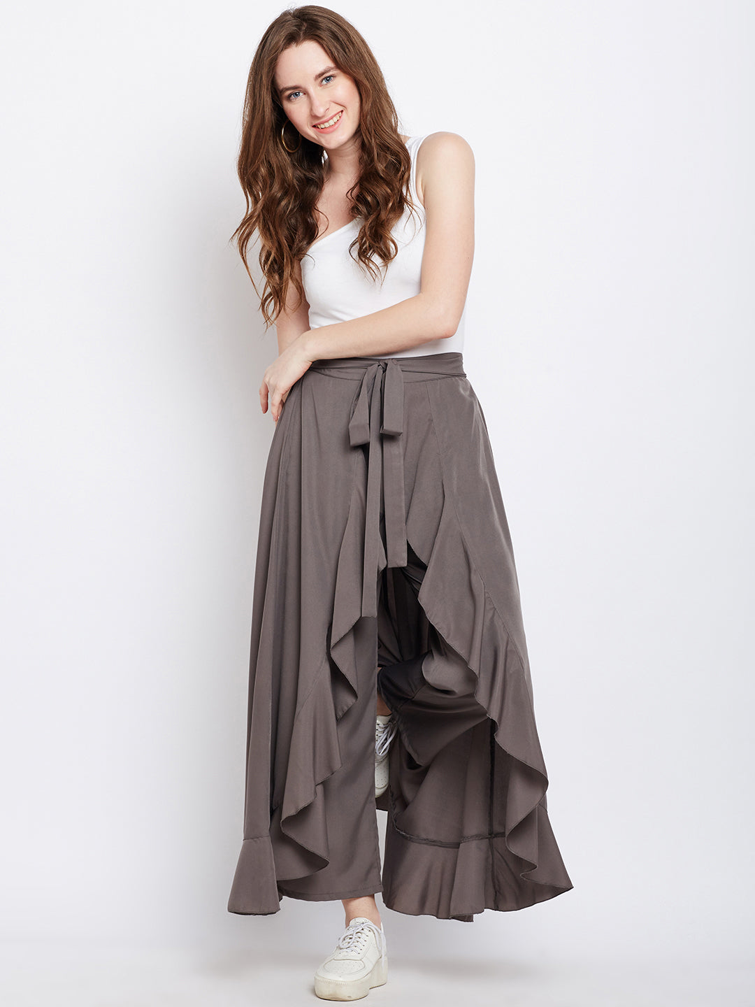 Grey Solid Ruffled Wrap Maxi Skirt with Attached Palazzo - Berrylush
