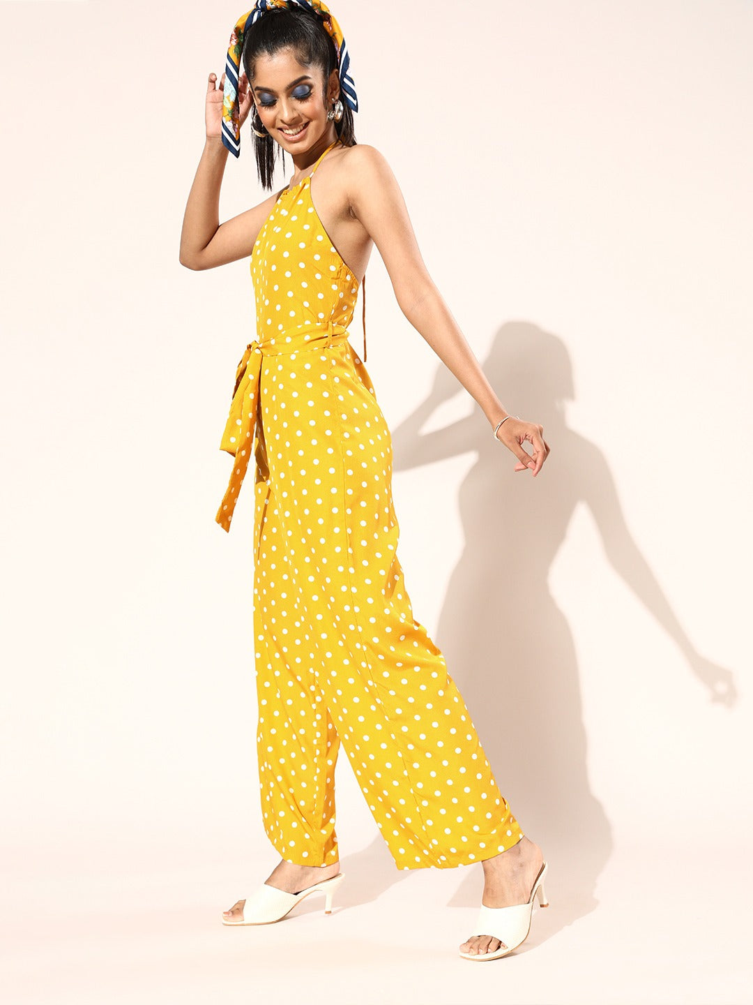 Berrylush Women Yellow & White Polka Dot Printed Halter Neck Backless Belted Jumpsuit